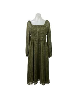 Skies Are Blue Green Mesh Long Sleeve Smocked Midi Maxi A-Line Flared Dress Sz M